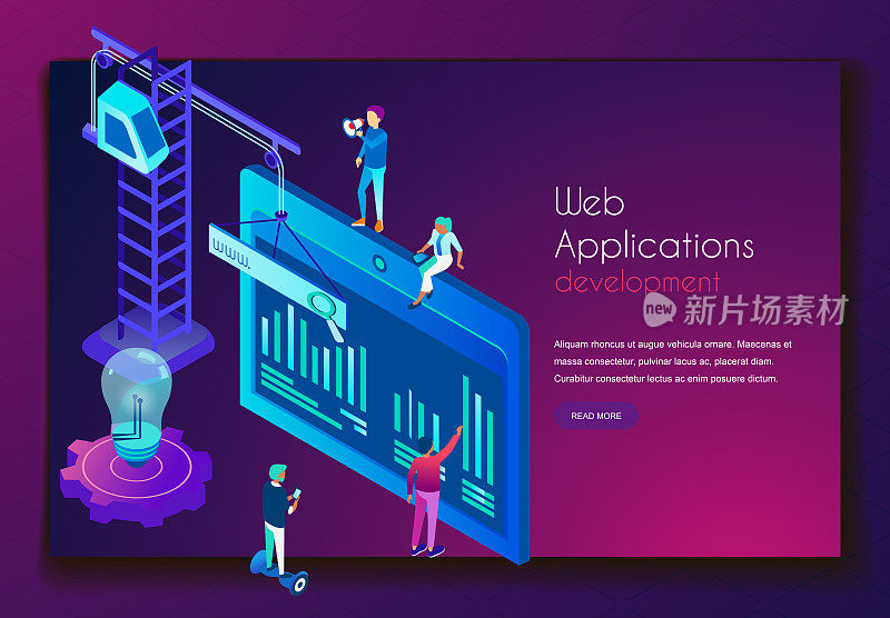 Web site application development landing page. Template of people with creative ideas working on design isometric vector illustration. Interface and technology concept